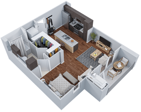 a 3d floor plan of a living room and kitchen